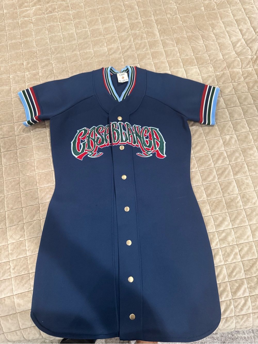 Casablanca Navy Button-Front Baseball Dress with Striped Trim